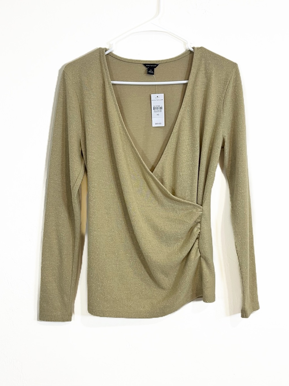 Ann Taylor Faux Wrap V-Neck Long Sleeve Top Metallic Gold NWT Size XS